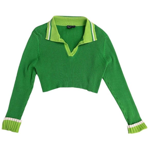 🍓90s CROPPED GREEN APPLE RIBBED COLLAR POLO SWEATER🍓 - Picture 1 of 4